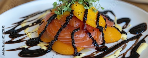 Salmon, peach, balsamic appetizer. Restaurant food plating photo