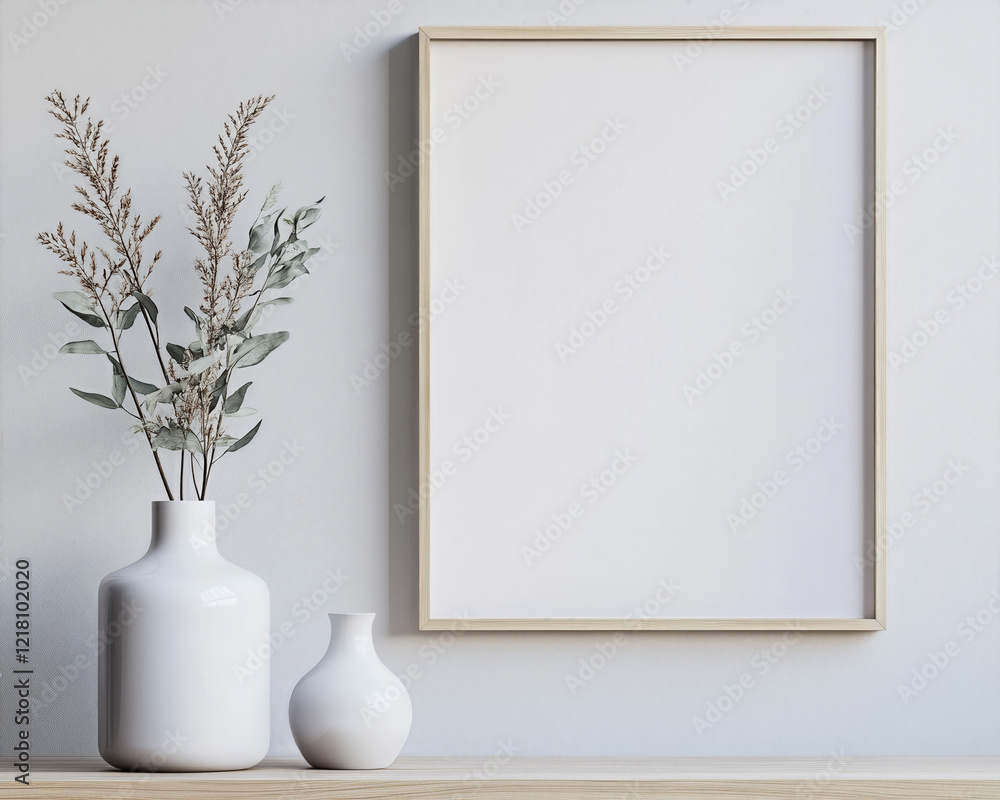 Minimalist Home Decor with Framed Blank Canvas and White Ceramic Vases on Wooden Surface Minimalist Home Decor with Framed Blank Canvas and White Ceramic Vases on Wooden Surface