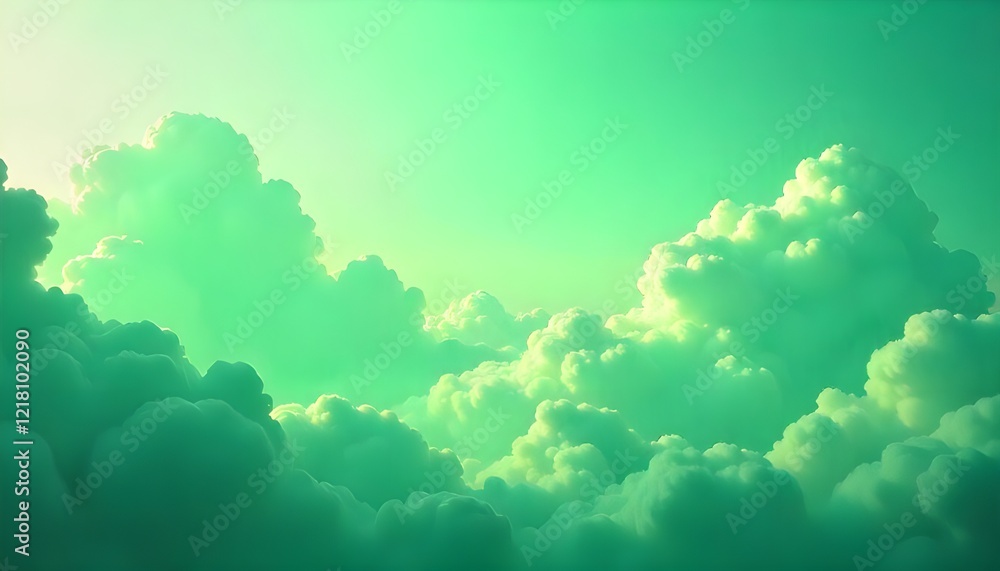 Fototapeta premium A vibrant green cloudscape, an artistic depiction of lush, surreal skies with soft, flowing clouds in varying shades of green, creating a dreamlike and ethereal atmosphere