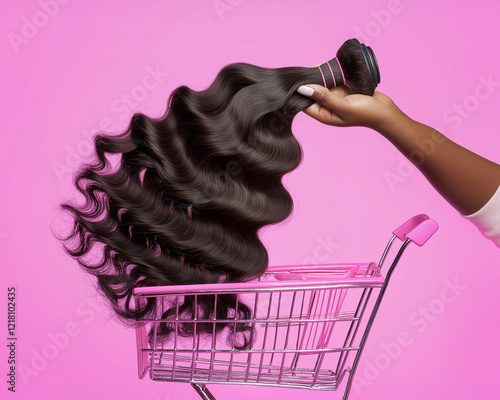 Luxury Hair Bundle in Pink Shopping Cart Against Bright Background