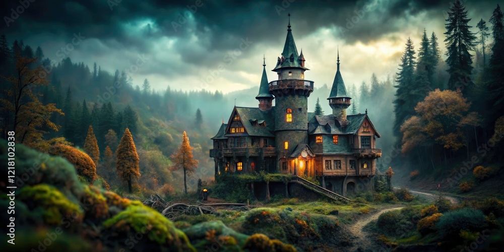 Obraz premium A creepy tilt-shift view: haunted castle, gloomy forest, overcast sky, spooky Halloween.