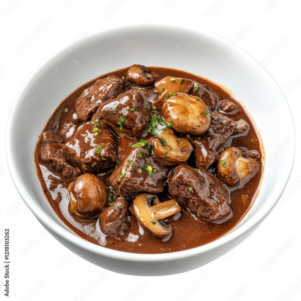 A classic beef bourguignon with mushrooms and red wine sauce, isolated white background, hyperrealism art style A classic beef bourguignon with mushrooms and red wine sauce, isolated white background, hyperrealism art style