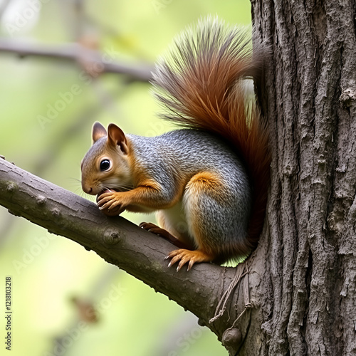 Douglas squirrel (Tamiasciurus douglasii) on a tree branch eating a nut photo