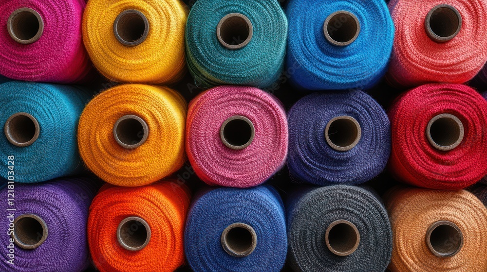 Colorful thread spools arranged in rows. Colorful thread spools arranged in rows.