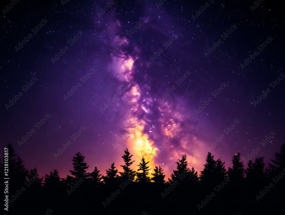 Fototapeta premium Majestic Milky Way galaxy rising over silhouetted pine trees at night.