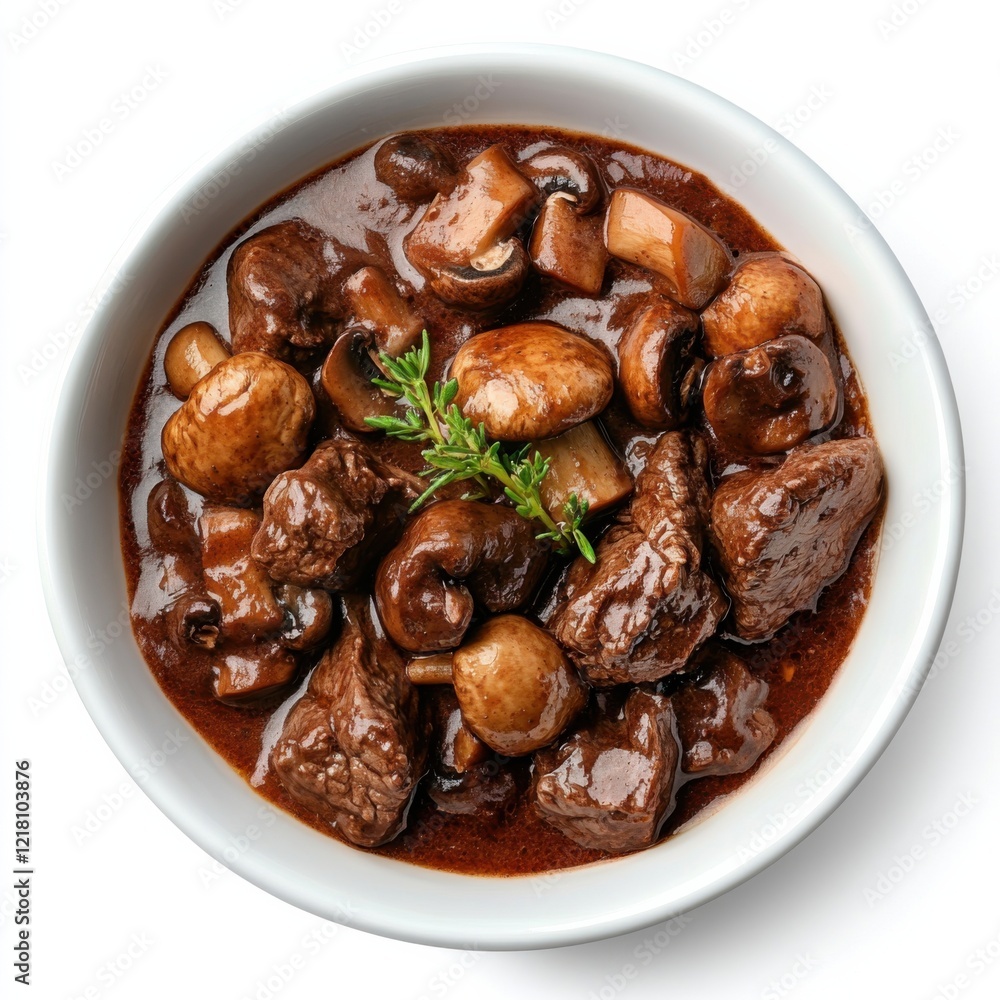 A classic beef bourguignon with mushrooms and red wine sauce, isolated white background, hyperrealism art style A classic beef bourguignon with mushrooms and red wine sauce, isolated white background, hyperrealism art style