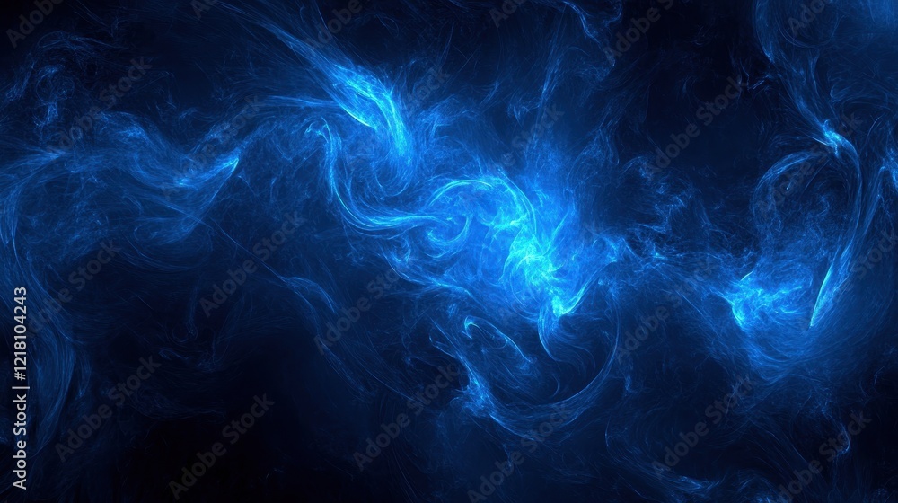 Dramatic blue swirling patterns create an abstract representation of energy in a dark cosmic landscape with twinkling stars Dramatic blue swirling patterns create an abstract representation of energy in a dark cosmic landscape with twinkling stars
