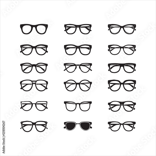 Glasses set. Sunglasses silhouettes. Glasses frames icon collection. Fashion eyeglasses icons. Different shapes frame. Vector illustration.