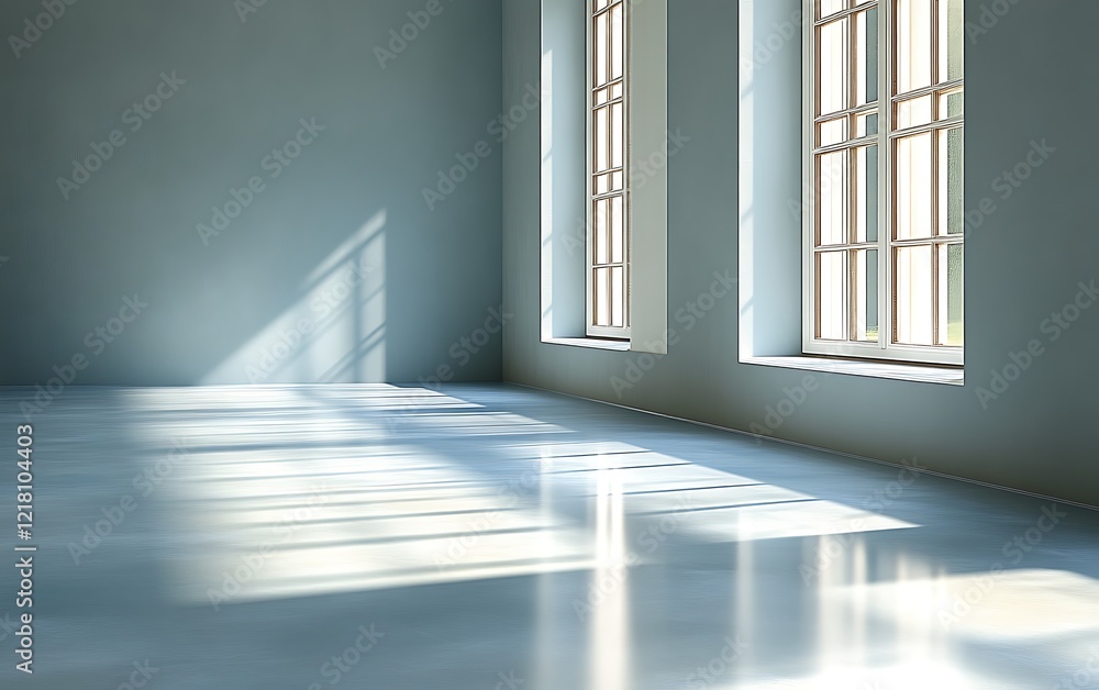 Obraz premium Sunlit empty room with three large windows and polished floor.