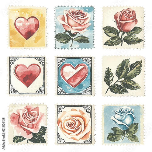 Romantic Valentine's Day retro stamp concept. Vintage stamps featuring hearts and roses in a grid layout