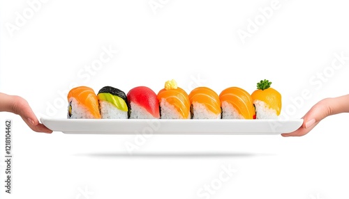 Two hands presenting a platter of colorful sushi rolls against a clean white background, emphasizing culinary art
