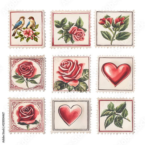 Romantic Valentine's Day retro stamp concept. Vintage-style stamps featuring roses, hearts, and birds in a grid layout