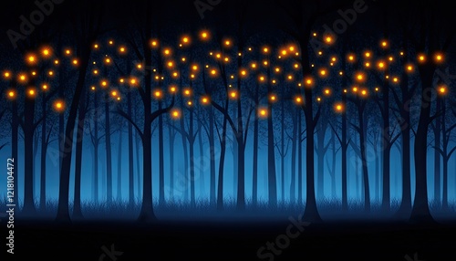 Enchanted forest at twilight with glowing lights among trees, creating a magical atmosphere in nature