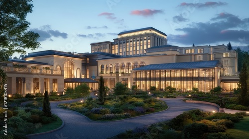 A grand hotel building with a stunning glass and steel facade, wide entrance, and lush garden pathways in a calm, serene environment