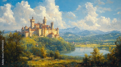 Majestic castle on a hill overlooking a lake and valley under a bright sky.