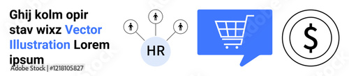 HR symbol with arrows, shopping cart in speech bubble, and dollar sign. Ideal for business, e-commerce, human resources, finance, online shopping, strategy, communication. Landing page