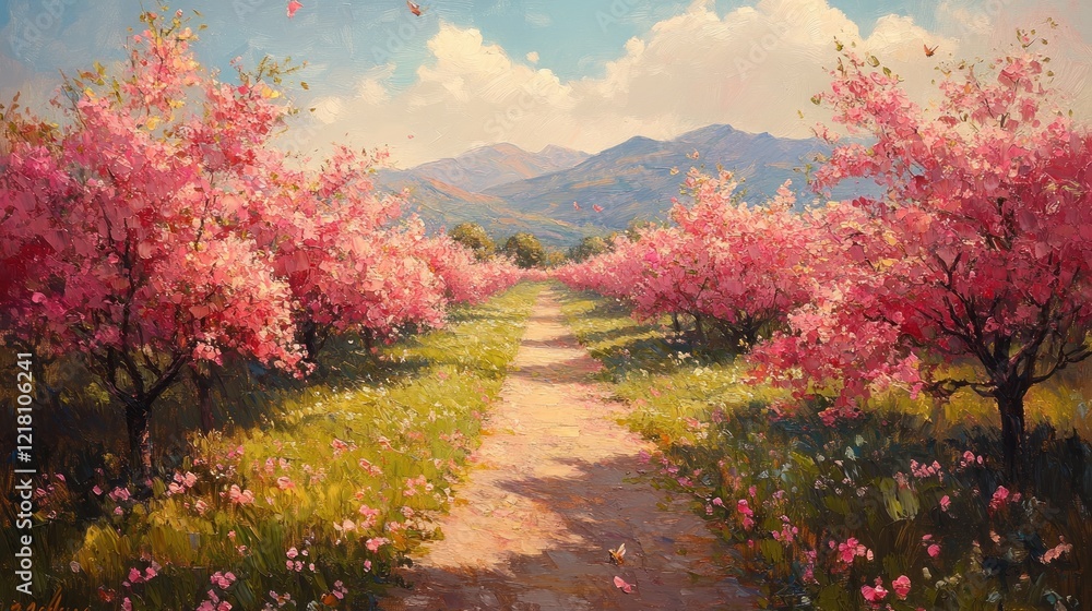 Fototapeta premium Sunlit path through a blossoming pink orchard leading to distant mountains.