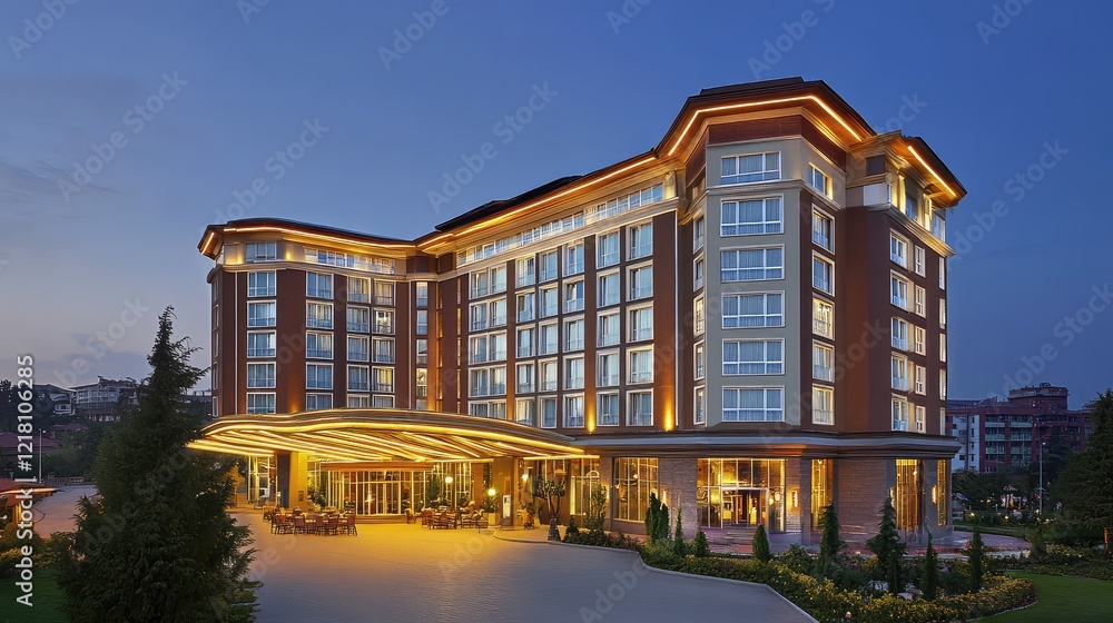 Fototapeta premium A luxurious hotel exterior with ambient lighting, featuring a modern facade, large windows, and spacious balconies under a clear sky