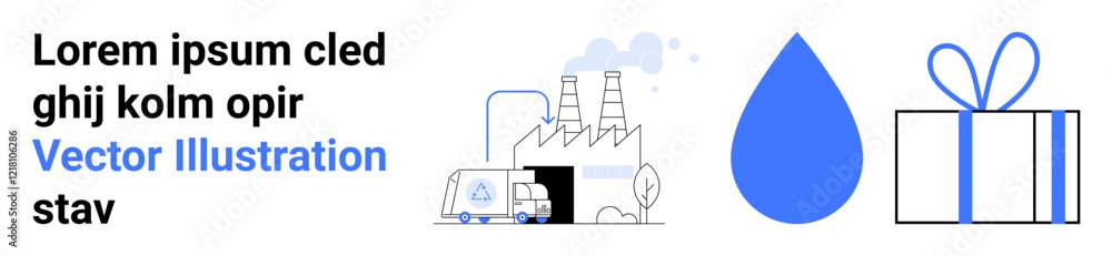 Factory with smoke stacks, blue water drop, and gift box with ribbon. Ideal for sustainability, industry, celebrations, environmental protection, gifts, manufacturing processes clean water access Factory with smoke stacks, blue water drop, and gift box with ribbon. Ideal for sustainability, industry, celebrations, environmental protection, gifts, manufacturing processes clean water access