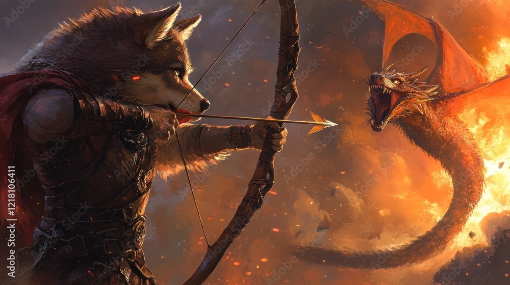 Fototapeta premium Anthropomorphic Wolf Archer vs. Dragon