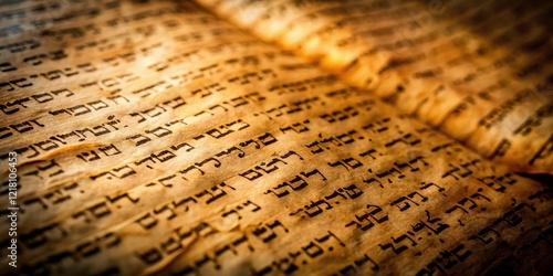 A deep-focus image reveals ancient Hebrew text from a Torah scroll, representing Jewish law, heritage, Talmud study, and profound spirituality.