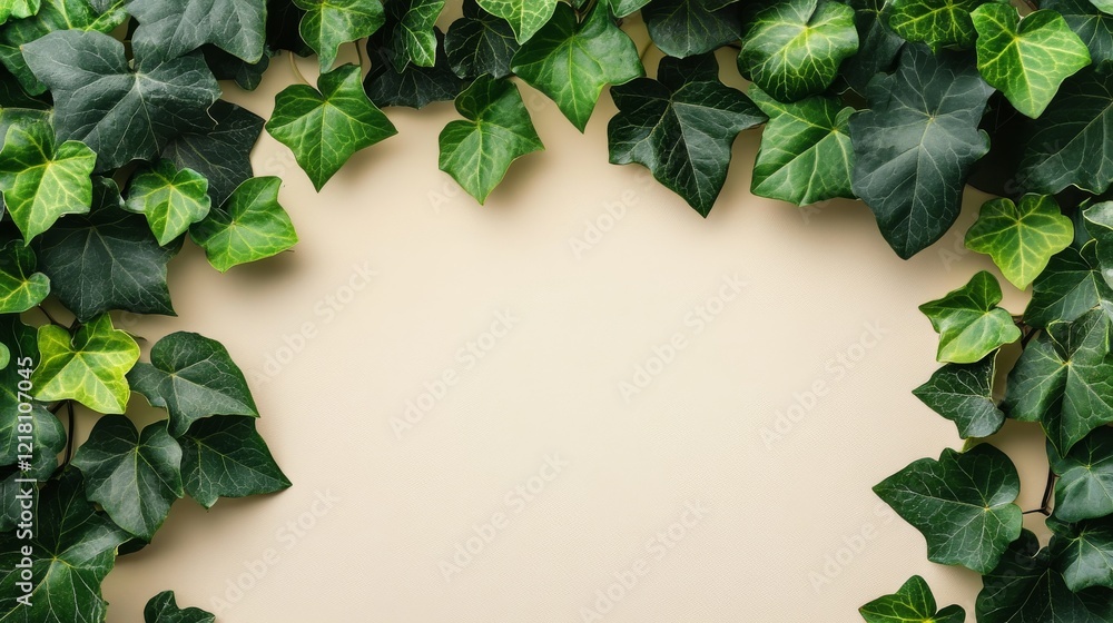 Fototapeta premium Lush Green Ivy Leaves Frame Beige Background