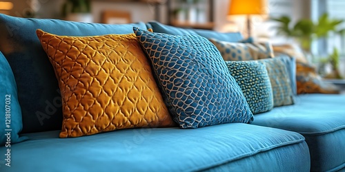 Teal sofa with gold and blue patterned throw pillows. photo