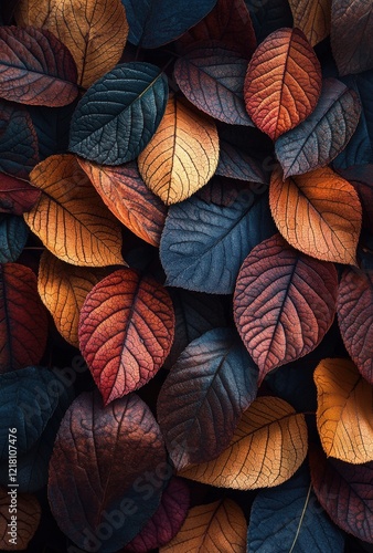 Wallpaper Mural Vibrant Natural Textures of Autumn Leaves in Vivid Colors of Red, Orange, and Blue Overlapping in a Beautiful Layered Composition for Seasonal Decor or Artistic Projects Torontodigital.ca