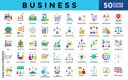 Business icons set with team, stats, briefcase, portfolio, profit, analysis, coordination, international, collaboration, insurance icon. Simple color vector 
