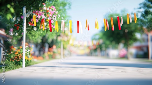 Festive street, colorful bunting, flowers, summer, neighborhood celebration, postcard