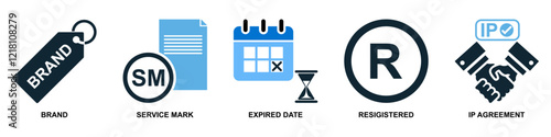 Collection of intellect property icons in vector format showcasing symbols like brain, light bulb, gears and patents. Ideal for education, innovation and intellectual themes.
