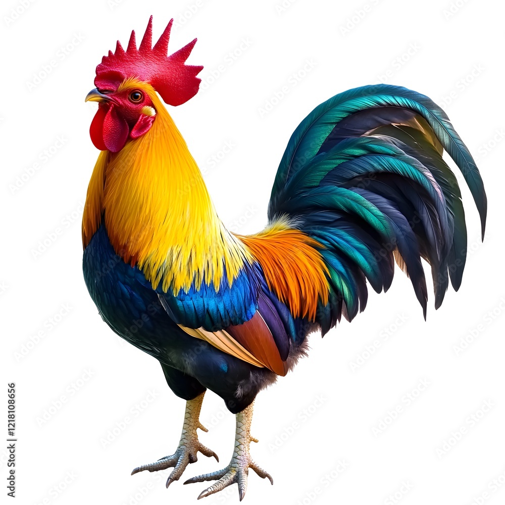 Fototapeta premium Colorful Rooster Standing Proudly, Vibrant Feathers Isolated on White Background