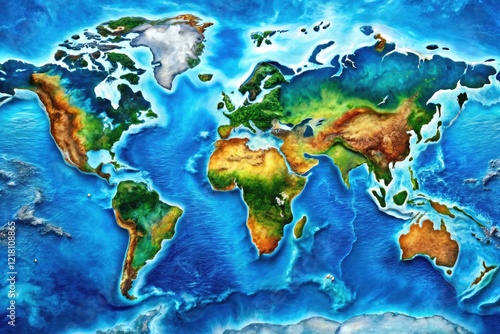 A detailed, high-resolution world atlas:  blue planet cartography displaying the Earth's geography in panoramic view.