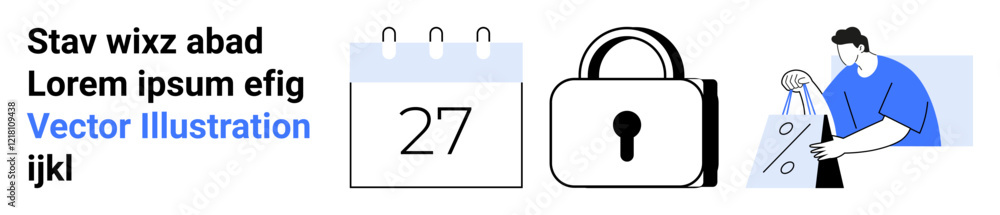 Calendar showcasing the 27th, lock icon representing security, and a shopper carrying bags. Ideal for scheduling, security awareness, e-commerce, event planning, online shopping, personal protection Calendar showcasing the 27th, lock icon representing security, and a shopper carrying bags. Ideal for scheduling, security awareness, e-commerce, event planning, online shopping, personal protection