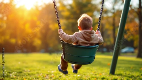 little boy plays swing in the park, rear view