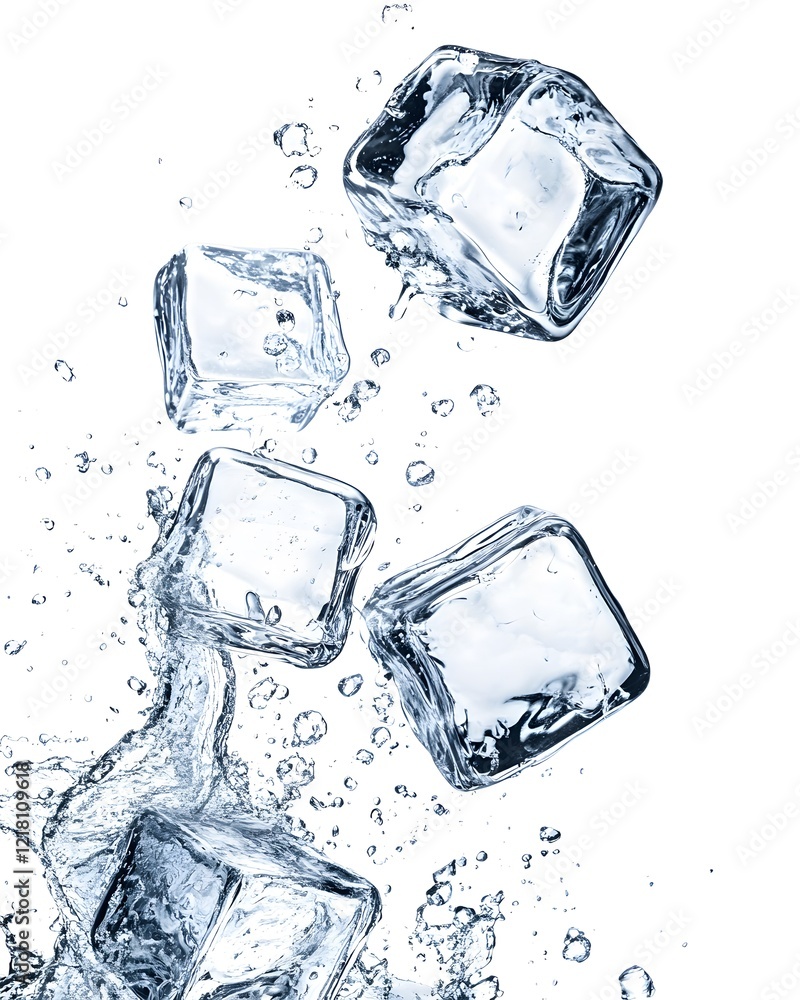 Obraz premium Floating Ice Cubes with Splashes of Water on White Background, Fresh and Cool Concept