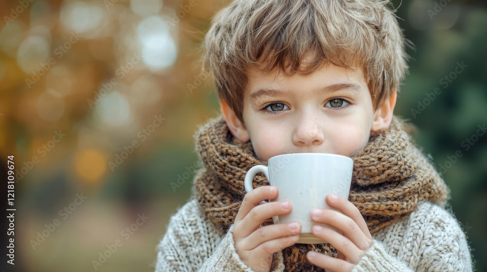A young boy with a scarf around his neck, sipping a warm beverage to soothe a sore throat. A young boy with a scarf around his neck, sipping a warm beverage to soothe a sore throat.