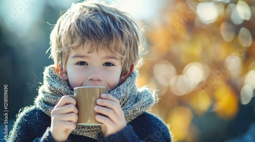 A young boy with a scarf around his neck, sipping a warm beverage to soothe a sore throat.