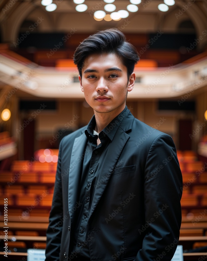 Fototapeta premium Asian young male musician orchestra hall background portrait with copy space
