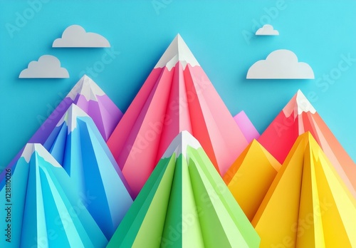 Colorful paper mountainscape with clouds. (1) photo