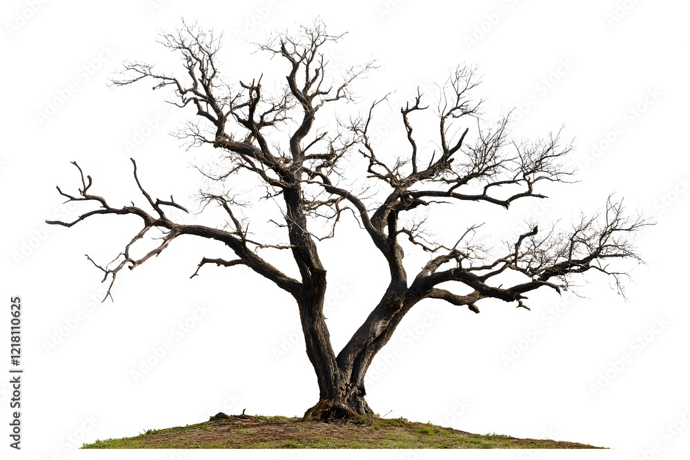 Fototapeta premium Ancient Gnarled Tree with Twisted Bare Branches on White Background, Nature and Decay Concept