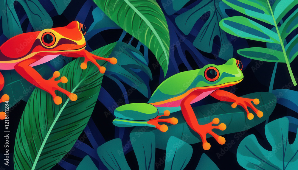 Naklejka premium Colorful frogs on vibrant leaves in lush jungle setting