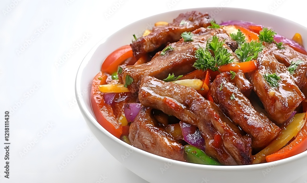 Glazed pork ribs with peppers, studio shot, food photography, recipe Glazed pork ribs with peppers, studio shot, food photography, recipe