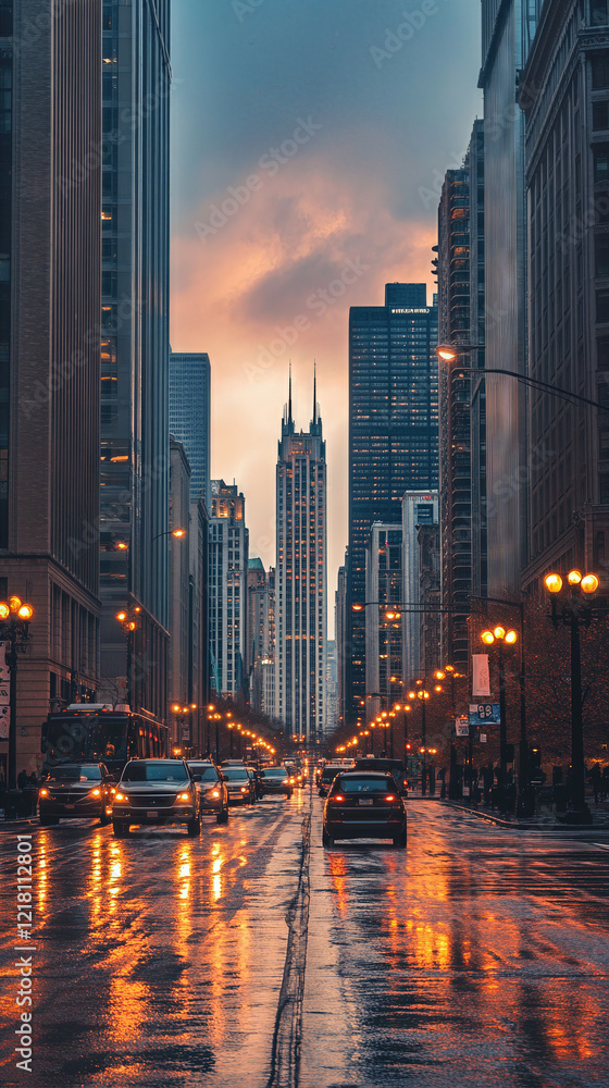 Fototapeta premium Majestic Urban Skyline at Dusk with Tall Buildings and Glowing Streetlights, Beautiful Cityscape Photography for Architecture Enthusiasts