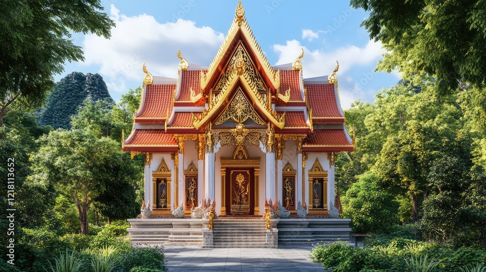 A tranquil Buddhist temple with red and gold detailing, nestled among lush greenery under a vibrant blue sky, perfect for spiritual designs A tranquil Buddhist temple with red and gold detailing, nestled among lush greenery under a vibrant blue sky, perfect for spiritual designs