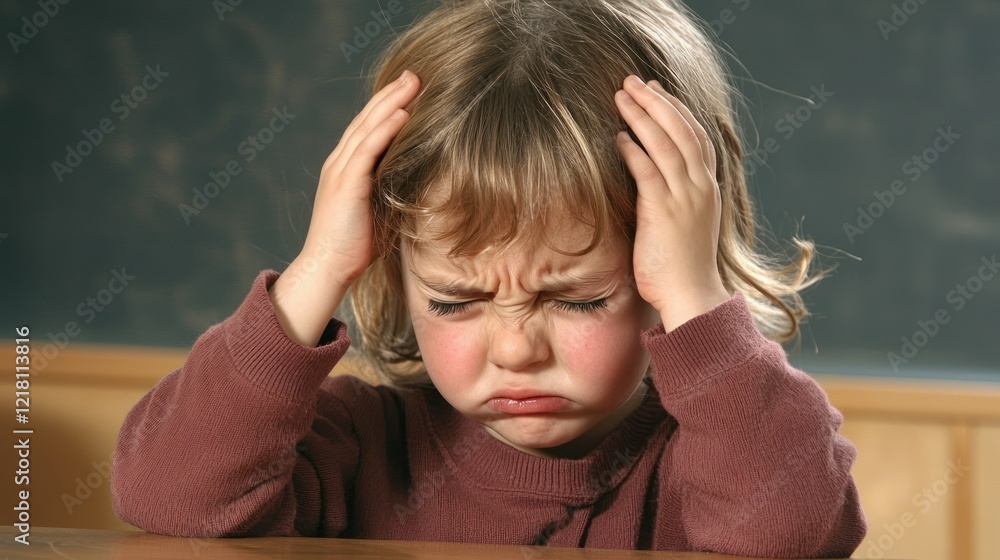A child holding their head with both hands, showing signs of a headache, sitting at a desk. A child holding their head with both hands, showing signs of a headache, sitting at a desk.