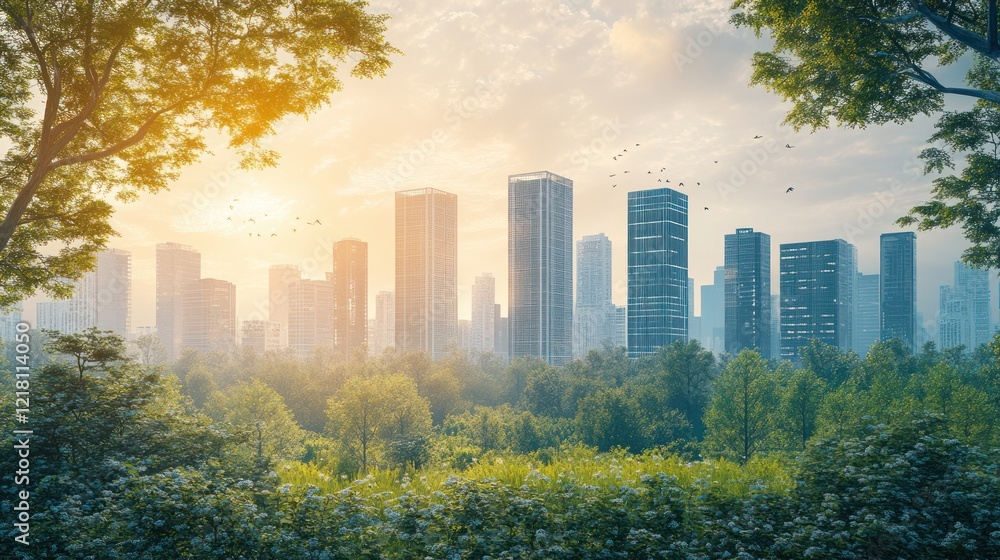 Obraz premium Sunrise cityscape with lush green park.