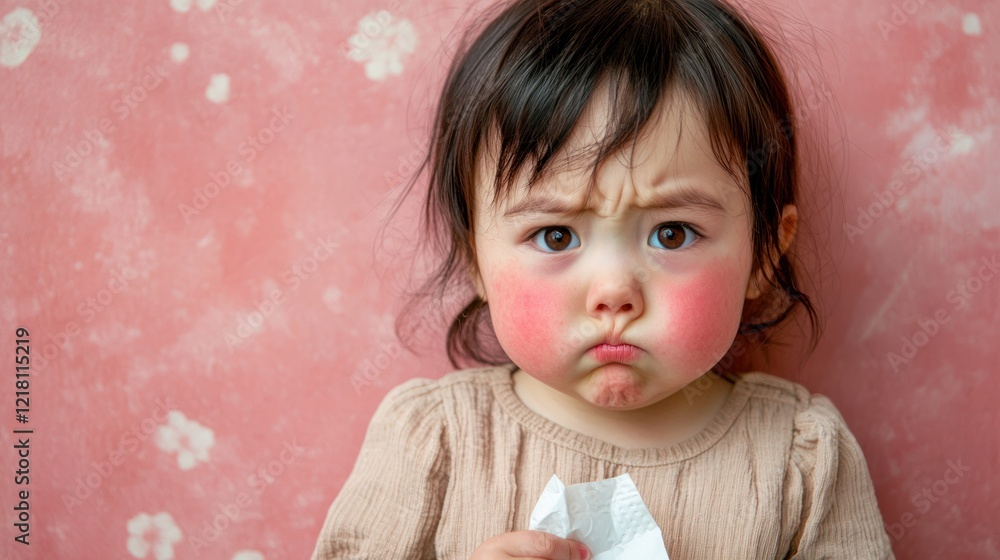 A child with red cheeks and a tissue in hand, looking congested and uncomfortable. A child with red cheeks and a tissue in hand, looking congested and uncomfortable.