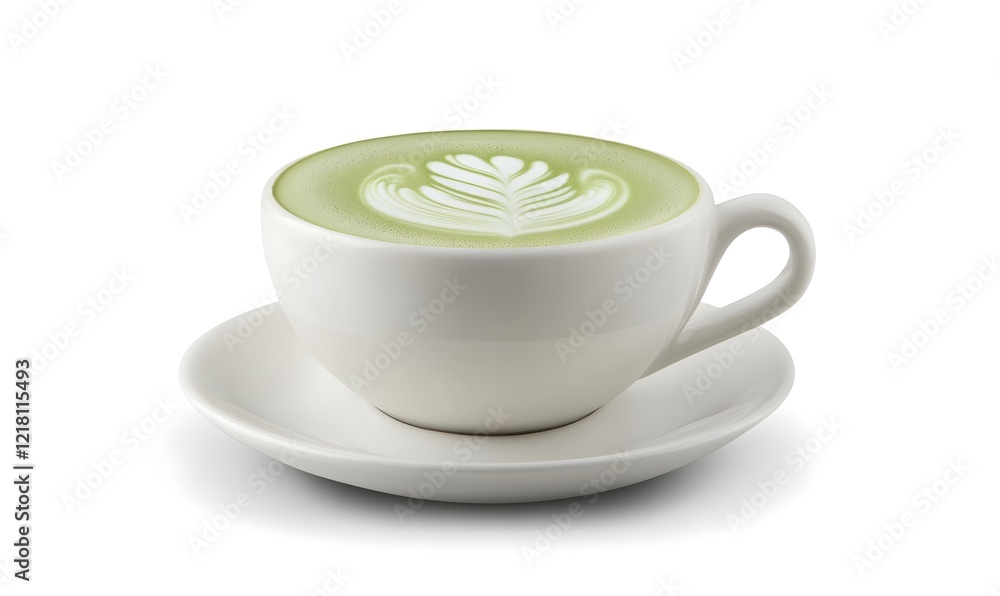 Matcha latte art, white cup, saucer, studio, beverage menu Matcha latte art, white cup, saucer, studio, beverage menu