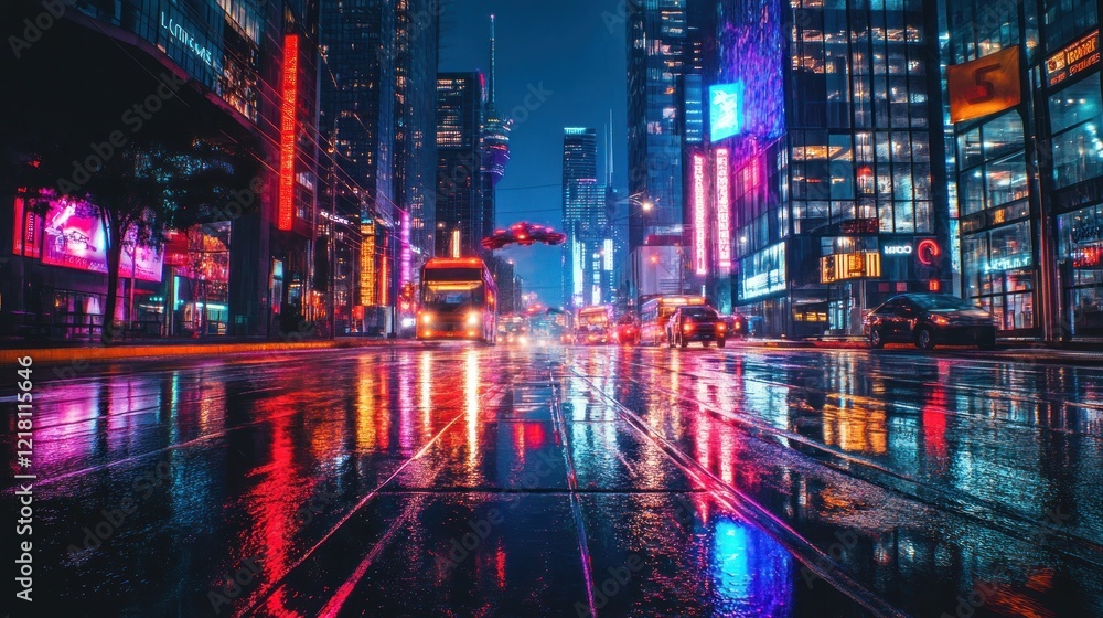 Neon Cityscape at Night: Rain-slicked Streets Reflecting Vibrant Lights Neon Cityscape at Night: Rain-slicked Streets Reflecting Vibrant Lights